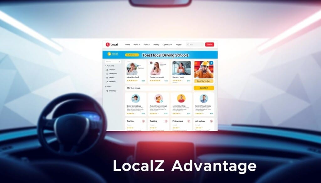 A vibrant and modern digital directory showcasing the best local driving schools, presented in a sleek and intuitive interface. The foreground features a clean and eye-catching layout with high-resolution icons, smooth gradients, and subtle textures. The middle ground highlights detailed school profiles with ratings, reviews, and contact information, all framed within a minimalist grid system. The background subtly blends abstract geometric patterns and soft lighting effects, creating a professional and approachable atmosphere. Rendered in a high-resolution 4K format with a wide-angle camera lens to capture the comprehensive nature of the directory, this image embodies the "LocalZ Advantage" - a reliable and visually engaging platform for aspiring drivers to discover top-quality driving schools in their area.