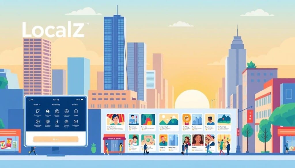 A vibrant and modern illustration showcasing the key features of the LocalZ directory. In the foreground, a sleek and intuitive user interface with crisp icons and clean typography, highlighting the directory's easy navigation. The middle ground features a grid of thumbnail images representing diverse local businesses, each with an informative profile card. In the background, a cityscape with towering skyscrapers, bustling streets, and a warm, sunlit atmosphere, conveying the directory's comprehensive coverage of the local community. Rendered in a minimalist, yet visually engaging style with a color palette of blues, greens, and neutral tones to create a sense of professionalism and trustworthiness.