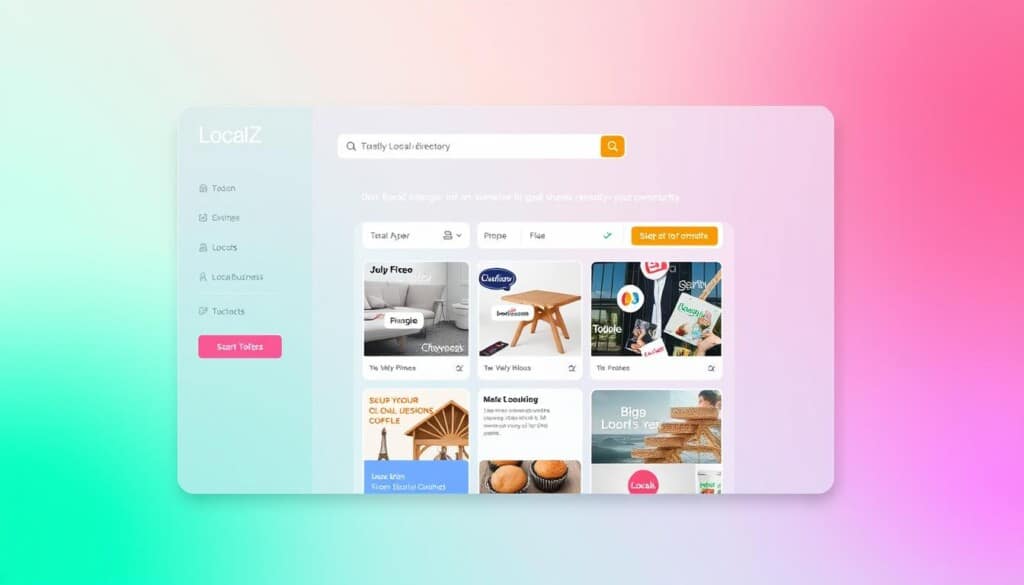 A vibrant and modern-looking website interface showcasing the "LocalZ" online directory for local businesses. The layout features a clean and minimalist design with a prominent search bar and intuitive navigation menu. In the center, a grid of business listings with their logos, names, and brief descriptions. The overall aesthetic is sleek and professional, conveying a sense of trust and reliability. The background has a soft, pastel-toned gradient, creating a calming and inviting atmosphere. The lighting is natural and diffused, highlighting the various elements without casting harsh shadows. The camera angle is slightly elevated, providing an overview of the entire interface. The image should capture the essence of "LocalZ" as a game-changer for connecting local businesses with their community.