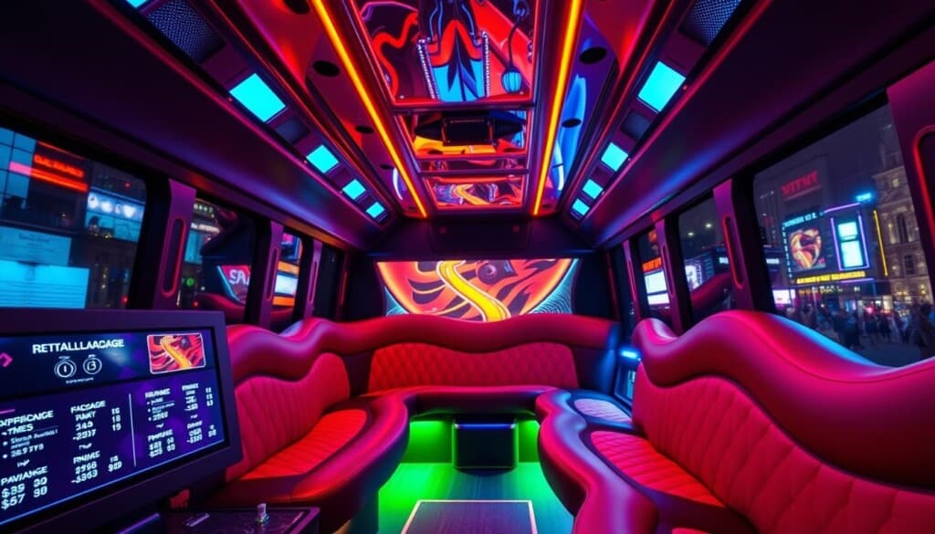 A vibrant and modern party bus interior, capturing the excitement of a luxurious rental experience. The spacious cabin features plush leather seating, neon mood lighting, and a state-of-the-art sound system. In the foreground, a digital display showcases rental pricing and package options, while the middle ground reveals the bus's sleek exterior with a bold, eye-catching wrap. The background suggests an urban setting, with skyscrapers and a lively nightlife scene, setting the stage for an unforgettable celebration. The overall atmosphere conveys a sense of energy, sophistication, and the promise of a truly memorable party on wheels.