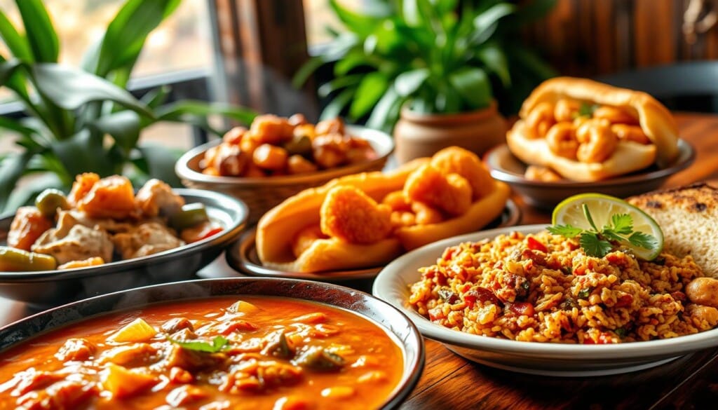 A vibrant and mouthwatering arrangement of signature Creole dishes, captured in a warm, inviting light. In the foreground, a plate showcases a steaming bowl of gumbo, its rich, complex broth infused with the flavors of andouille sausage, okra, and tender chicken. Nearby, a platter features delicately breaded and fried shrimp po' boy sandwiches, their crisp exteriors contrasting with soft, pillowy bread. In the middle ground, a beautifully plated jambalaya dish, its medley of rice, seafood, and Creole spices glistening under a soft focus. In the background, a backdrop of lush greenery and rustic wooden accents evokes the rich cultural heritage of Creole cuisine. The overall scene exudes a sense of warmth, authenticity, and the mouthwatering allure of these iconic Creole specialties.