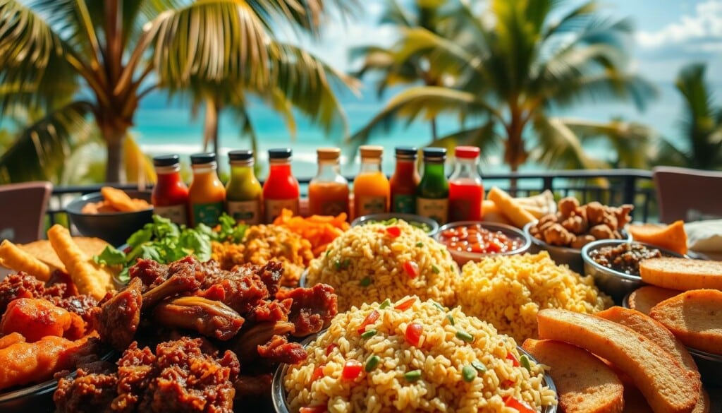 A vibrant and mouthwatering display of popular Puerto Rican dishes, captured in a warm, sun-drenched setting. In the foreground, a spread of classic staples such as moist and flavorful pernil (slow-roasted pork), fragrant arroz con gandules (rice with pigeon peas), and crispy tostones (fried plantains). In the middle ground, a variety of vibrant sauces and condiments, including zesty chimichurri and rich, creamy sofrito. The background features a lush, tropical landscape, with swaying palm trees and a glimpse of the turquoise Caribbean sea. The overall scene conveys the rich cultural heritage and vibrant flavors of Puerto Rican cuisine, inviting the viewer to embark on a delicious culinary journey.