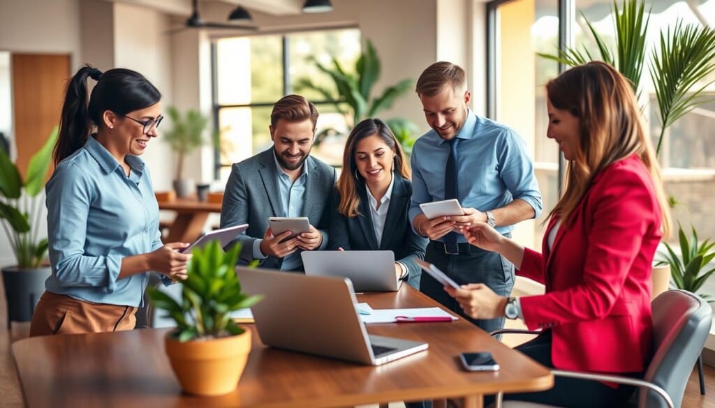 A vibrant and professional-looking image of a team of vacation rental agents diligently searching for the perfect properties for their clients. The agents, dressed in smart business attire, are gathered around a desk, laptops and tablets in hand, collaborating and discussing potential listings. The background features a modern, well-appointed office space with sleek furniture, potted plants, and large windows that let in warm, natural lighting. The overall atmosphere conveys a sense of efficiency, expertise, and a commitment to providing exceptional service to their customers.
