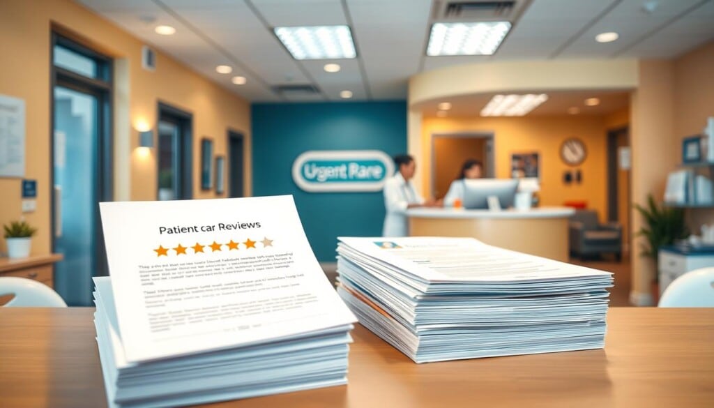 A vibrant and professional-looking medical office, with a welcoming reception area and warm lighting. In the foreground, a stack of patient reviews prominently displayed on the front desk, drawing attention to their importance. In the middle ground, a friendly receptionist engaging with a patient, emphasizing the personal service aspect of the urgent care facility. The background features clean, modern decor and medical equipment, conveying a sense of expertise and trustworthiness. The overall scene conveys the message that patient reviews are a vital part of the urgent care experience, helping to establish trust and confidence in the facility's services.