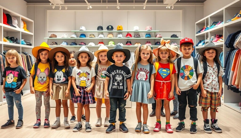A vibrant and trendy children's fashion scene, showcasing the latest styles and designs. In the foreground, a diverse group of stylish kids model the hottest looks - from colorful graphic tees, to whimsical dresses, to edgy streetwear. The middle ground features dynamic displays of accessories, such as funky hats, bold sneakers, and playful backpacks. In the background, the store setting is modern and airy, with sleek shelving, bright lighting, and a minimalist aesthetic that allows the fashions to take center stage. The overall atmosphere is youthful, energetic, and brimming with creative expression, capturing the current zeitgeist of children's clothing.