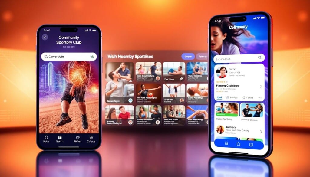 A vibrant and visually engaging community directory app interface, showcasing a clean and modern design with a focus on connecting local sports enthusiasts. The foreground features a sleek, minimalist search bar and categorized navigation menu, inviting users to explore nearby club options. The middle ground displays a grid of club profiles, each with an eye-catching thumbnail image, club name, and brief description. The background subtly incorporates geometric patterns and a soft, warm color palette, creating a welcoming and high-tech atmosphere. Lighting is soft and diffused, with a slight vignette effect to draw the viewer's attention to the central elements. The overall composition conveys a sense of community, connectivity, and the ease of discovering and engaging with local sports clubs.