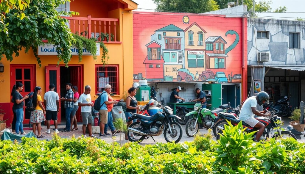 A vibrant and welcoming community center, its exterior adorned with warm, inviting colors and lush greenery. In the foreground, a group of diverse individuals engaged in activities - some tending to a verdant community garden, others gathered around a table, sharing a meal. The middle ground features a well-equipped workshop, where skilled mechanics work on motorcycles, their dedication and expertise on full display. In the background, a mural depicting the local neighborhood and its rich cultural heritage, a testament to LocalZ's deep commitment to the community. The scene is bathed in soft, natural lighting, creating a sense of harmony and belonging.