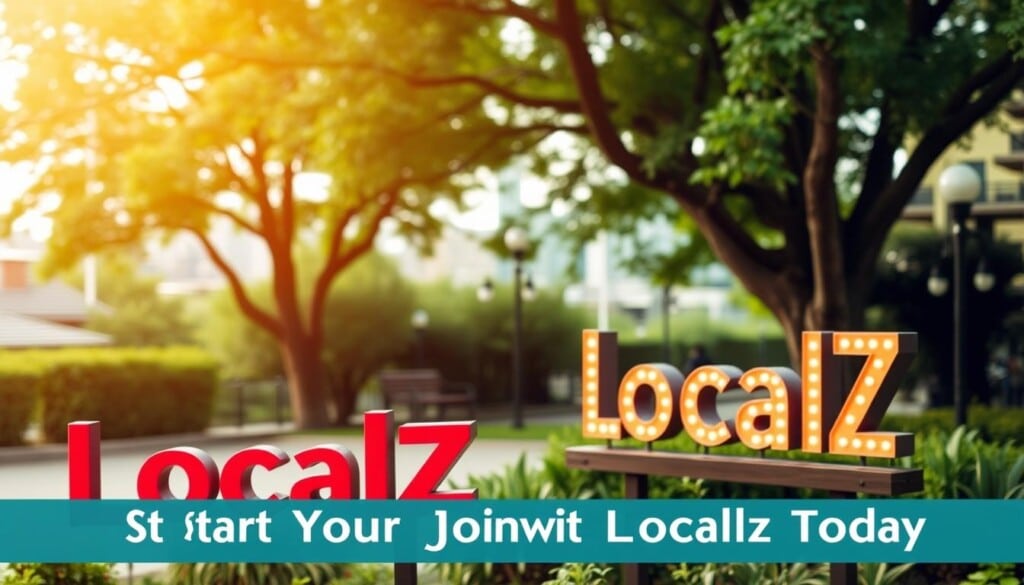 A vibrant and welcoming sign for "LocalZ" stands prominently in the foreground, its bold letters and warm lighting inviting the viewer to join. In the middle ground, a serene outdoor setting with lush greenery and a calm atmosphere sets the tone for a contemplative spiritual journey. The background features a softly blurred cityscape, hinting at the connections and community that await. Soft, natural lighting illuminates the scene, creating a sense of peace and openness. This image visually conveys the invitation to "Start Your Journey with LocalZ Today" within the context of the article's subject matter.