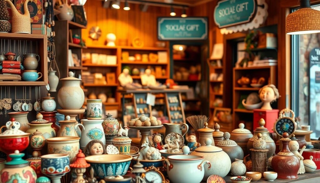 A vibrant and whimsical display of unique gift ideas from local shops. In the foreground, an eclectic assortment of handcrafted items - quirky ceramics, artisanal jewelry, and vintage-inspired trinkets arranged in a visually appealing manner. The middle ground features a cozy, well-lit interior with wood-paneled walls and shelves overflowing with gifts, creating an inviting and inspirational atmosphere. The background showcases the storefront, with a charming exterior and signage that beckons passersby to explore the treasures within. Warm lighting and a subtle depth of field draw the viewer's eye through the layers, capturing the essence of a one-of-a-kind shopping experience.