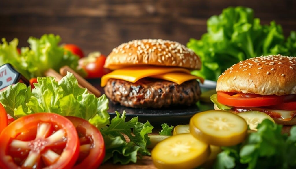 A vibrant arrangement of classic burger toppings, captured with a warm, inviting glow. In the foreground, freshly sliced tomatoes, crisp lettuce leaves, and tangy pickles are arranged with care. The middle ground features a juicy beef patty, sizzling on a griddle, surrounded by melted cheddar cheese and a toasted sesame seed bun. In the background, a subtle backdrop of wooden textures and soft shadows sets the stage for this mouthwatering scene. The lighting is natural and soft, highlighting the rich colors and textures of the ingredients, creating an appetizing and visually appealing image.
