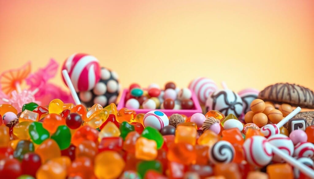 A vibrant arrangement of the latest candy trends, captured with a warm, dreamlike lighting and a soft, cinematic lens. In the foreground, an array of colorful gummies, lollipops, and chocolate-coated confections, showcasing the bold and innovative flavors that are captivating the taste buds of the modern consumer. In the middle ground, a display of retro-inspired sweets, hinting at the nostalgia-driven cravings that are shaping the industry. The background features a whimsical backdrop of pastel gradients, evoking a sense of wonder and delight. The overall composition exudes a playful, yet sophisticated atmosphere, capturing the essence of the emerging candy trends that are sure to delight and inspire.