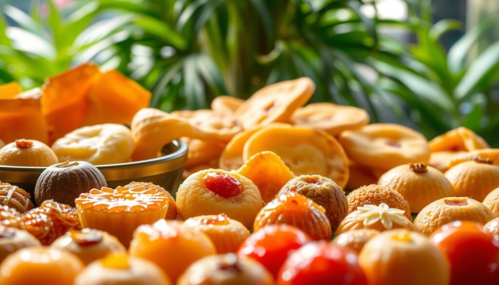 A vibrant arrangement of traditional Bangladeshi sweets and desserts, captured with a warm, soft lighting that highlights their intricate textures and rich colors. In the foreground, an array of bite-sized delicacies such as roshogolla, chomchom, and gulab jamun, their syrupy surfaces glistening. In the middle ground, a selection of flaky, golden-brown sondesh and pithe, their delicate shapes casting gentle shadows. In the background, a backdrop of lush, tropical greenery, hinting at the verdant landscapes of Bangladesh. The overall scene conveys a sense of authentic, mouthwatering temptation, inviting the viewer to indulge in these beloved Bangladeshi culinary treasures.