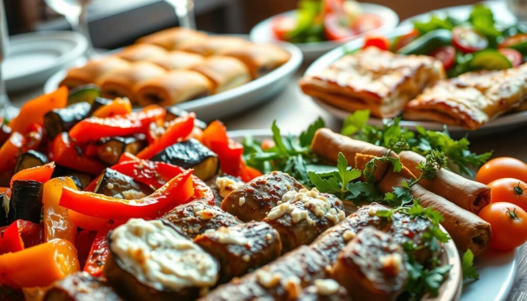 A vibrant arrangement of traditional Greek vegetarian dishes, captured in a warm, inviting light. In the foreground, a colorful medley of grilled eggplant, roasted peppers, and creamy feta-stuffed dolmades. In the middle ground, a tray of freshly baked spanakopita and tiropita pastries, their golden-brown crusts glistening. The background features a table setting with a vibrant Greek salad, including juicy tomatoes, crisp cucumbers, and fragrant oregano. The overall scene exudes the rustic charm and Mediterranean ambiance of a cozy Greek taverna, inviting the viewer to savor the flavors of a vegetarian-friendly Greek culinary experience.