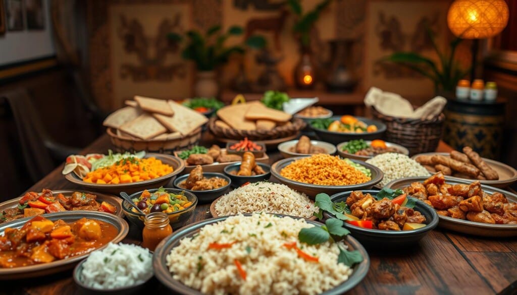 A vibrant array of African cuisine laid out on a wooden table, showcasing the diverse flavors and textures of the continent. In the foreground, a spread of traditional dishes, including fragrant stews, flavorful curries, and aromatic rice platters. The middle ground features an assortment of freshly baked breads, vibrant salads, and flavorful condiments, all complementing the main dishes. In the background, a warm, ambient lighting casts a cozy glow, highlighting the earthy tones and rich colors of the African-inspired decor. The overall scene conveys a sense of cultural celebration, inviting the viewer to explore the rich culinary heritage of Africa.