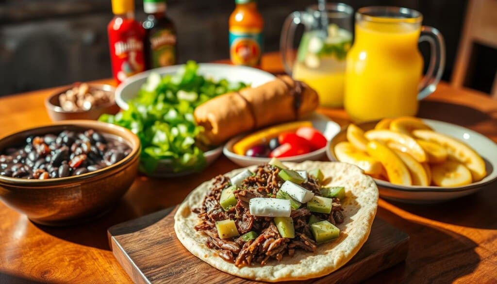A vibrant array of authentic Venezuelan dishes, meticulously arranged on a wooden table, bathed in warm, natural lighting. In the foreground, a steaming arepa overflows with savory shredded beef, white cheese, and slices of avocado. Alongside, a bowl of hearty black beans, seasoned to perfection, and a platter of crispy, golden-fried plantains. In the middle ground, a traditional Venezuelan hallaca, its corn-based dough wrapped in fragrant banana leaves, sits alongside a vibrant green salad, fresh with cilantro. In the background, a few bottles of popular Venezuelan hot sauce and a carafe of refreshing passion fruit juice, completing the scene of a authentic Venezuelan culinary experience.