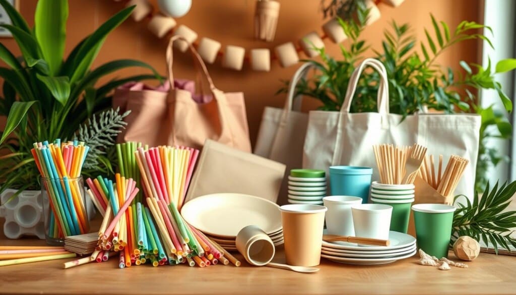 A vibrant array of eco-friendly party supplies arranged on a warm, natural-toned wooden surface. In the foreground, an assortment of colorful paper straws, bamboo cutlery, and compostable plates and cups. In the middle ground, sustainable fabric garlands and reusable tote bags in earthy tones. The background features lush, verdant plants and a soft, diffused lighting, creating a serene, nature-inspired atmosphere. The overall composition conveys a sense of environmental consciousness and a commitment to sustainable living, perfect for a section on "Eco-Friendly Party Supplies".