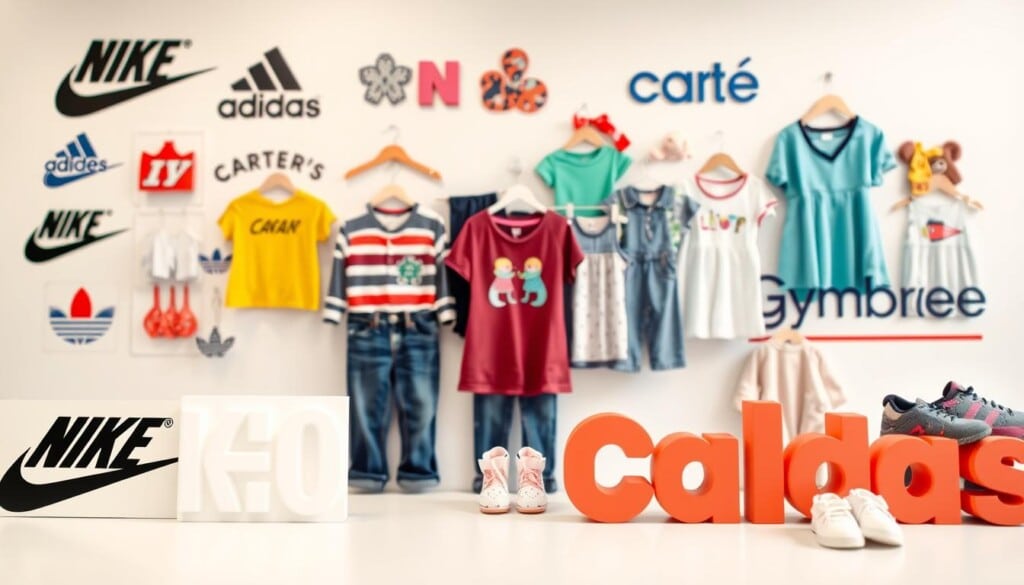 A vibrant array of popular children's clothing brands displayed on a clean white background, with a soft, even lighting that highlights the textures and colors of the garments. The foreground features a selection of iconic logos, including those of Nike, Adidas, Carter's, and Gymboree, arranged in a visually appealing manner. The middle ground showcases a variety of children's apparel, such as t-shirts, jeans, dresses, and accessories, in a range of sizes and styles. The background subtly blends into the scene, creating a sense of depth and balance. The overall image conveys a sense of playfulness, quality, and the enduring appeal of these beloved children's clothing brands.
