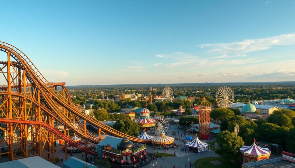 A vibrant array of regional amusement parks, each with its own distinct personality and attractions. In the foreground, a classic wooden roller coaster twists and turns, its cars racing through the air. In the middle ground, families explore a sprawling carnival, taking in the sights and sounds of classic midway games, cotton candy stands, and towering ferris wheels. Beyond, a panoramic landscape of lush greenery and blue skies, dotted with the iconic silhouettes of iconic rides and attractions. Warm, golden lighting bathes the scene, creating a sense of nostalgic wonder and timeless Americana. This image captures the essence of the regional amusement park experience - a tapestry of joy, adventure, and lasting memories.