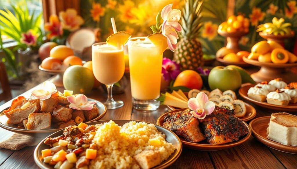A vibrant array of traditional Hawaiian dishes and beverages artfully arranged on a wooden table, bathed in warm, golden sunlight filtering through a tropical floral pattern. In the foreground, a steaming plate of succulent kalua pork, lomi lomi salmon, and taro-based poi. In the middle ground, a refreshing pitcher of mai tai cocktails garnished with fresh pineapple and orchid blossoms. The background features an assortment of colorful tropical fruits, such as mangoes, papayas, and passion fruits, along with a selection of Hawaiian rolls and coconut-based desserts. The scene captures the essence of authentic Hawaiian cuisine and the laidback, island-inspired atmosphere of popular Hawaiian food chains in the USA.