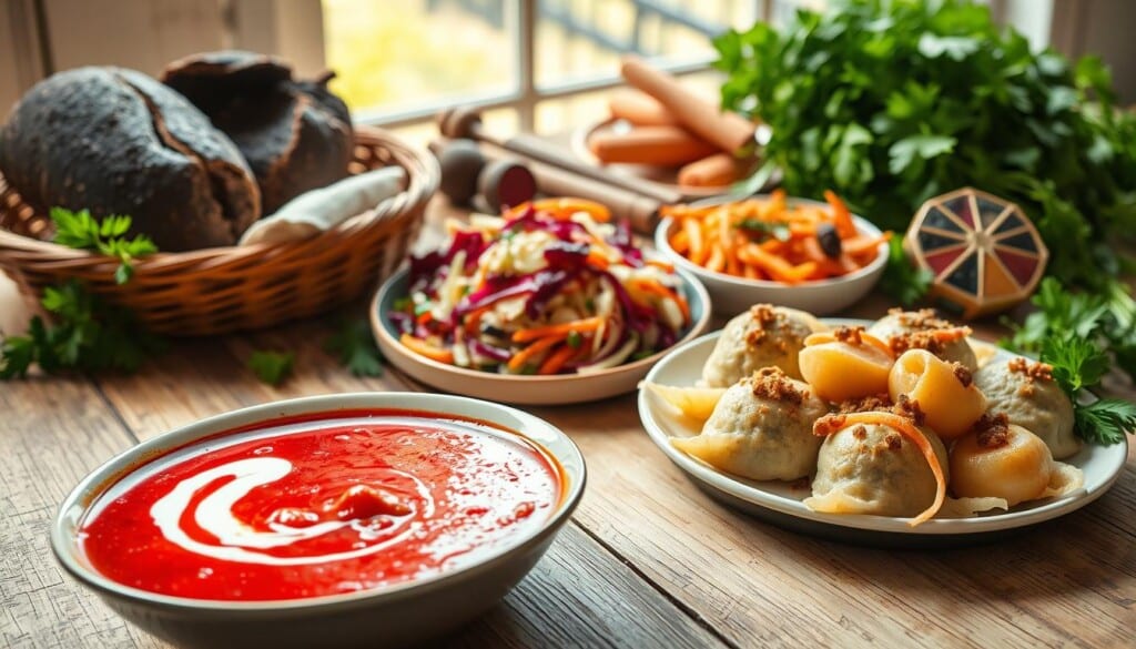 A vibrant array of traditional Ukrainian vegetarian dishes laid out on a rustic wooden table, bathed in warm, natural lighting. In the foreground, a hearty borscht soup with a swirl of sour cream, accompanied by a platter of savory varenyky (dumplings) stuffed with potatoes and sautéed onions. In the middle ground, a colorful salad of shredded beets, carrots, and cabbage dressed in a tangy vinaigrette, alongside a basket of freshly baked, crusty black bread. In the background, a lush, verdant arrangement of fresh herbs and spices, hinting at the rich flavors of Ukrainian cuisine. The overall scene exudes a cozy, homemade atmosphere, inviting the viewer to savor the comforting and nutritious delights of vegetarian Ukrainian fare.