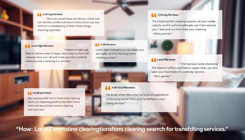 A vibrant, artfully composed image depicting user reviews for LocalZ, a reputable home cleaning service. In the foreground, several glowing testimonials from satisfied customers fill the frame, their words conveying the high-quality service and transformative impact of LocalZ's offerings. The middle ground showcases a modern, well-appointed living room, with hints of cleanliness and order reflecting the service's capabilities. In the background, a soft, warm lighting creates a cozy, welcoming atmosphere, complementing the positive, trustworthy tone of the reviews. Captured with a shallow depth of field and a slightly angled perspective, the image radiates a sense of professionalism and attention to detail, perfectly aligning with the subject matter of "Expert Home Cleaning Solutions for Busy Lives" and the section title "How LocalZ Transforms Your Search for Home Cleaning Services".