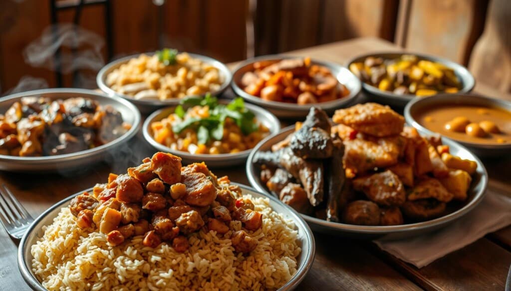 A vibrant assortment of authentic Senegalese dishes, meticulously arranged against a backdrop of rustic wood and natural light. In the foreground, a steaming bowl of classic Thieboudienne (a rice and fish stew), accompanied by a fragrant pile of Yassa (caramelized onion chicken). In the middle ground, platters display the rich colors and textures of Mafe (peanut stew), Supukanja (cassava leaves and fish), and Domoda (groundnut soup). The ambient lighting casts a warm glow, highlighting the inviting aromas and the artful presentation of these traditional Senegalese culinary masterpieces.