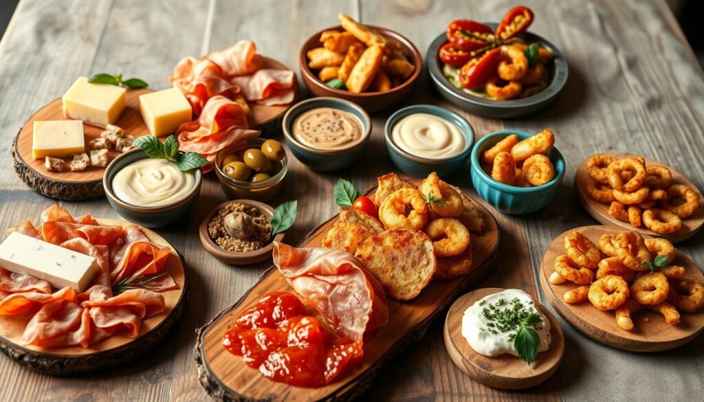 A vibrant assortment of authentic Spanish tapas dishes elegantly arranged on a rustic wooden table. In the foreground, an array of bite-sized delicacies including manchego cheese, cured Iberian ham, marinated olives, and crisp fried calamari. In the middle ground, small bowls of creamy garlic aioli, zesty tomato vinaigrette, and fresh herbs add pops of color. The background features a neutral linen tablecloth, creating a minimalist backdrop to highlight the flavors of the Mediterranean. Soft, natural lighting illuminates the scene, evoking the relaxed ambiance of a tapas bar. The overall composition conveys the essence of hosting an intimate tapas party at home.