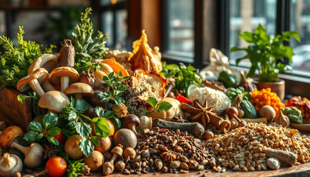 A vibrant assortment of unique soup ingredients fills the frame, illuminated by soft, diffused lighting that casts warm shadows. In the foreground, an assortment of exotic mushrooms, freshly foraged herbs, and heirloom vegetables spill out from a wooden crate, their colors and textures creating a visually intriguing composition. The middle ground features an array of lesser-known spices, seeds, and dried pods, their intricate shapes and earthy tones adding depth and complexity to the scene. In the background, a blurred cityscape hinted at through a window, suggesting an urban setting where these unconventional ingredients might be sourced and transformed into innovative soup creations.