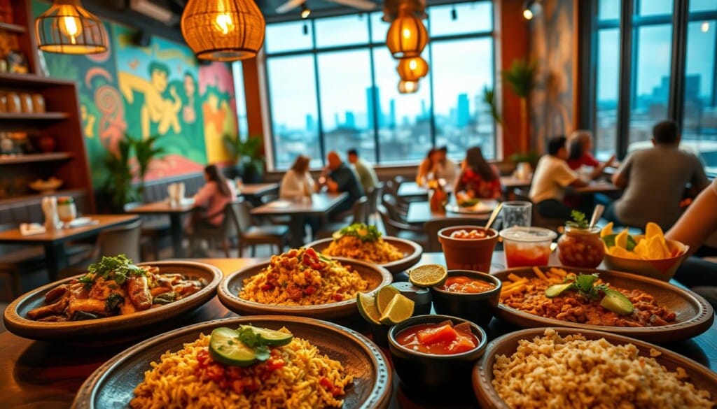 A vibrant, authentic Latin American restaurant nestled in a bustling city neighborhood. The foreground features an array of mouthwatering dishes - sizzling fajitas, fragrant rice and beans, fresh salsa and guacamole, all artfully presented on rustic wooden tableware. The middle ground showcases the warm, inviting ambiance of the space, with dimly lit pendant lights, vibrant wall murals, and energetic patrons enjoying their meals. In the background, glimpses of the city skyline can be seen through large windows, creating a sense of connection to the local community. The lighting is soft and natural, casting a cozy glow over the scene. The overall mood is one of rich cultural immersion, where the flavors and atmosphere of Latin America come alive, inviting the viewer to indulge in a truly memorable dining experience.