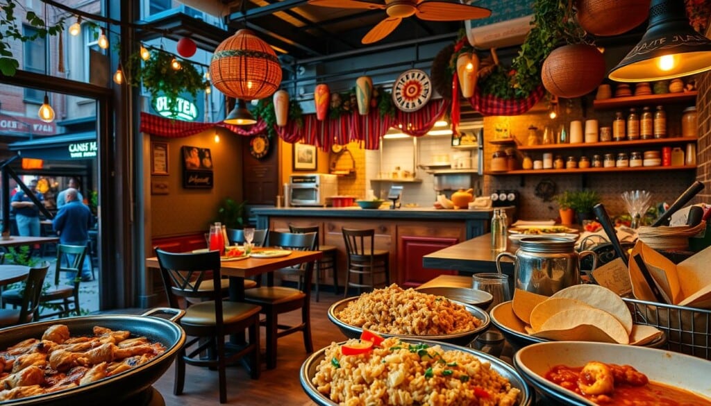 A vibrant, authentic Latin American restaurant nestled in a bustling urban neighborhood. In the foreground, a colorful array of traditional dishes - sizzling fajitas, fragrant rice and beans, and freshly made tortillas. In the middle ground, cozy wooden tables and chairs, adorned with vibrant textiles and hand-crafted decorations. The background features an open kitchen, where skilled chefs skillfully prepare each meal. Warm, inviting lighting casts a soft glow, creating an atmosphere of comfort and community. The scene captures the local impact of this family-owned business, bringing the rich flavors and culture of Latin America to the heart of the city.