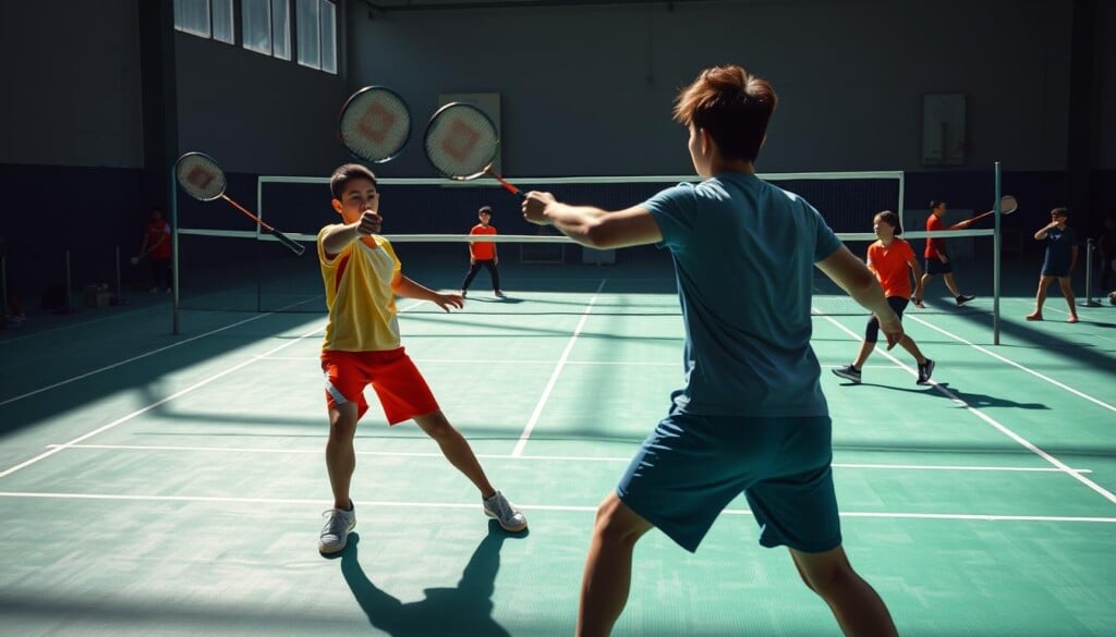 A vibrant badminton court with a net in the center, surrounded by players in athletic gear practicing various drills. In the foreground, a player performs a powerful smash, racket poised mid-swing, with intense focus etched on their face. Behind them, another player executes a precise drop shot, their body in a graceful, controlled motion. In the background, a group of players engage in a rally, their movements a blur of speed and coordination. The lighting is crisp and natural, casting dramatic shadows that accentuate the athleticism of the scene. The overall atmosphere conveys a sense of energy, discipline, and the pursuit of skill development in the sport of badminton.