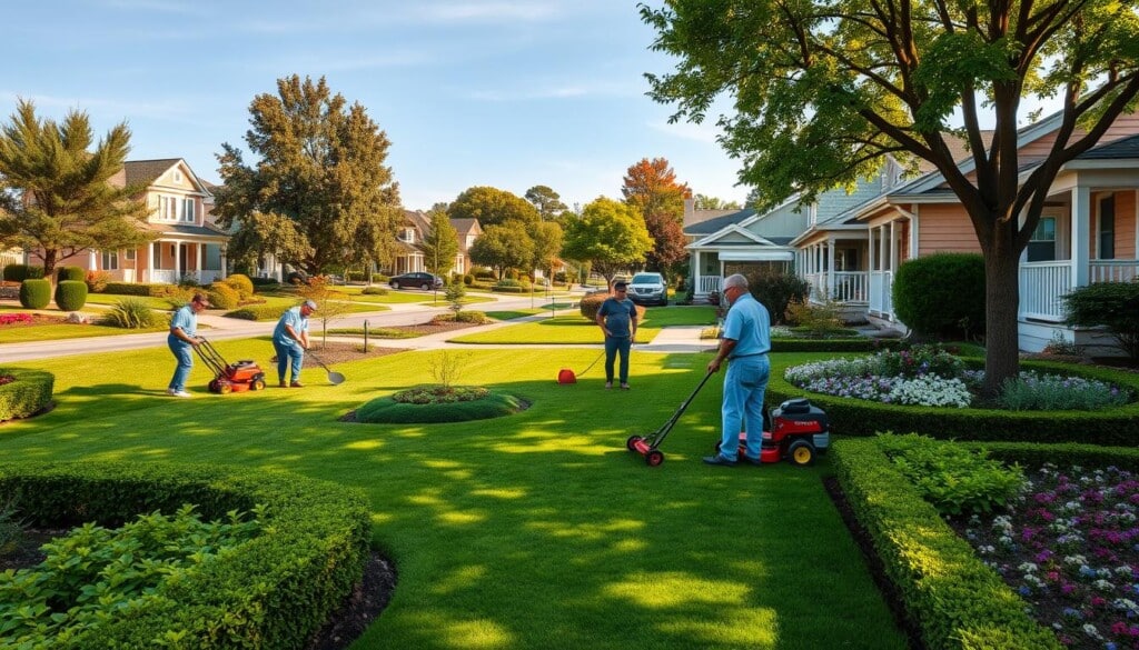 A vibrant, beautifully landscaped neighborhood with lush green lawns, neatly trimmed hedges, and flourishing garden beds. In the foreground, a group of local service providers tending to the well-manicured yards, their efficient tools and equipment gleaming in the warm afternoon sunlight. The middle ground features a wide variety of services offered, from lawn mowing and edging to garden design and maintenance. In the background, a serene, tree-lined street with pastel-colored houses, reflecting the care and attention given to the local community's outdoor spaces. The overall atmosphere is one of harmony, professionalism, and a deep commitment to maintaining the beauty and functionality of the neighborhood's lawns and gardens.