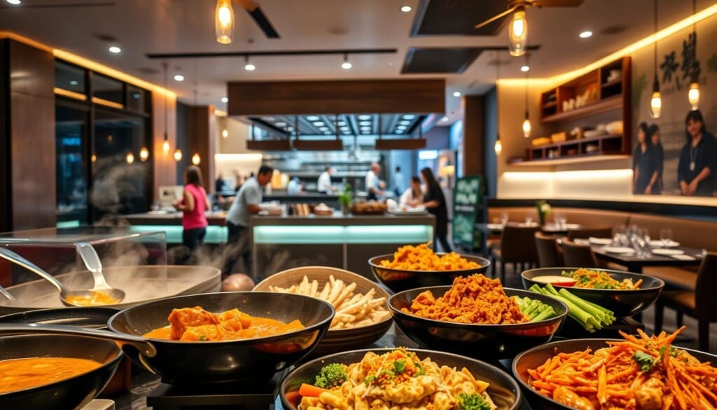 A vibrant, bustling Asian fusion restaurant scene with a modern, welcoming ambiance. In the foreground, a diverse array of delectable dishes - sizzling woks, fragrant curries, and artfully plated entrees. In the middle ground, a lively open kitchen where skilled chefs showcase their culinary prowess. The background features a warm, inviting dining area with sleek, minimalist decor punctuated by subtle Asian-inspired accents. Soft, diffused lighting casts a cozy glow, setting the stage for an immersive dining experience. The overall composition evokes a sense of flavors, aromas, and cultural fusion that draw patrons in, inviting them to explore the delights of Asian fusion cuisine.