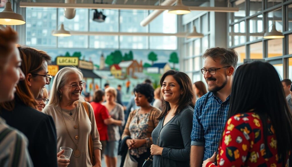 A vibrant, bustling community center with an inviting atmosphere. In the foreground, a group of neighbors engaged in lively discussions, their faces alight with enthusiasm. In the middle ground, a colorful mural depicting scenes of local businesses and community events. The background features a modern, well-lit interior with large windows, allowing natural light to flood the space. The lighting is warm and welcoming, creating a sense of comfort and belonging. The scene conveys the benefits of active community engagement, fostering connections, collaboration, and a shared sense of purpose among the LocalZ members.
