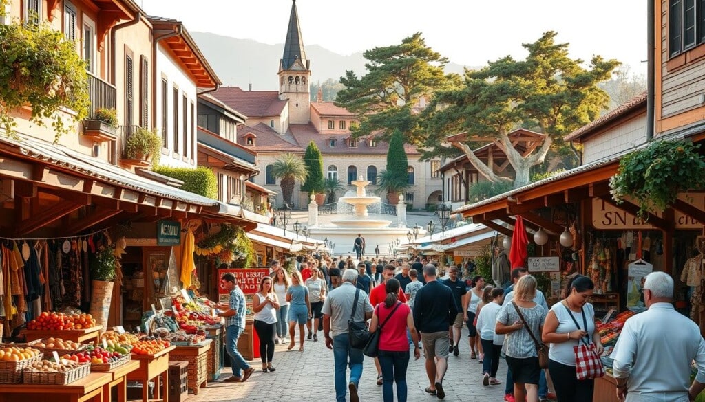 A vibrant, bustling local marketplace with a diverse array of small businesses and artisanal vendors. Wooden stalls and colorful awnings line the cobblestone streets, creating a warm, inviting atmosphere. In the foreground, a group of shoppers browse handcrafted goods and local produce, engaging with the friendly merchants. The middle ground features a mix of traditional and modern architecture, reflecting the rich heritage and progressive spirit of the community. In the background, a picturesque town square with a central fountain and lush, towering trees creates a sense of tranquility and community. Soft, natural lighting filters through the scene, casting a golden glow and highlighting the vibrant colors and textures of the local economy.