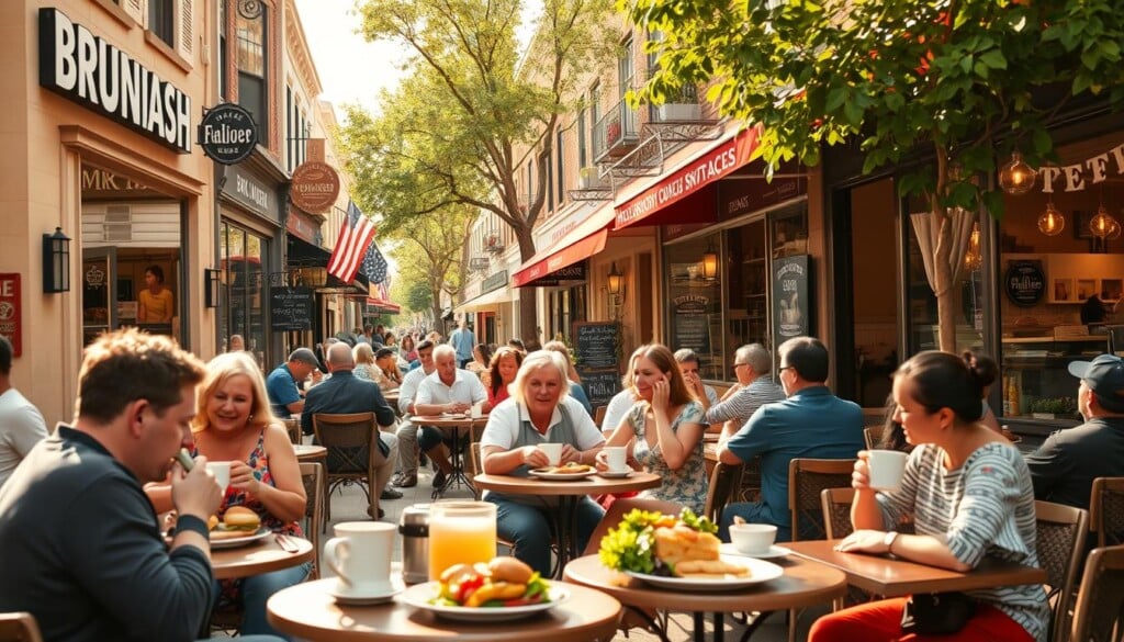 A vibrant, bustling scene of a lively brunch restaurant neighborhood. In the foreground, people enjoying delectable brunch dishes at cozy outdoor tables, sipping coffee and conversing. Middle ground showcases the charming storefronts of various brunch spots, with inviting signs and enticing window displays. The background features a quaint urban street lined with trees, with other establishments like bakeries and cafes creating a welcoming, community-centric atmosphere. Warm, natural lighting bathes the scene, conveying a sense of contentment and relaxation. An overall mood of neighborhood discovery, local flavor, and the joy of a leisurely weekend brunch experience.