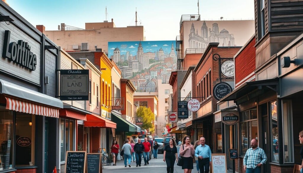 A vibrant, bustling street scene showcasing the heart of a lively local community. In the foreground, a diverse array of independent storefronts and mom-and-pop shops, their facades adorned with colorful signage and chalkboard menus. Warm, natural lighting illuminates the scene, casting a cozy glow over the pedestrians strolling along the sidewalks, supporting their neighborhood businesses. In the middle ground, a mix of vintage and modern architecture frames the lively street, hinting at the rich history and character of the area. In the background, a towering mural celebrates the community's spirit, depicting local landmarks and icons. The overall atmosphere exudes a sense of pride, connection, and the importance of investing in one's local economy.