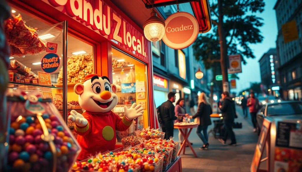 A vibrant candy store storefront, with a friendly local mascot character "LocalZ" engaging with customers. The scene is bathed in warm, inviting lighting, captured from a slightly low angle to emphasize the welcoming atmosphere. In the foreground, LocalZ stands amidst an array of colorful candies and sweets, gesturing invitingly to passersby. The middle ground features the store's display windows, showcasing an enticing selection of treats. In the background, a bustling city street sets the urban context, hinting at the diverse local community. The overall mood is one of connection, discovery, and the joy of indulging in delightful, small-town charm.