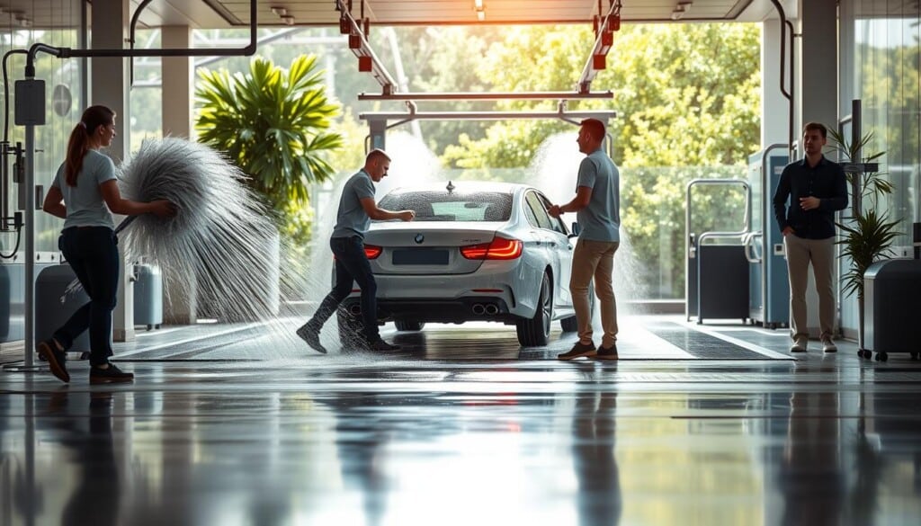 A vibrant car wash experience with a modern, welcoming atmosphere. In the foreground, a customer's car is being gently scrubbed by diligent attendants, their movements choreographed for maximum efficiency. The middle ground showcases the latest high-tech cleaning equipment, gleaming in the warm, natural lighting. In the background, lush greenery and a clean, minimalist design create a calming, spa-like environment, inviting customers to relax and enjoy the thorough, personalized service. The overall mood is one of rejuvenation and pride in maintaining one's vehicle, with a touch of luxury for an enhanced, memorable car wash experience.