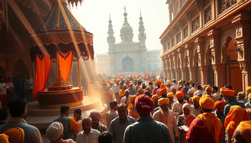 A vibrant celebration of Sikh culture unfolds at a bustling Gurdwara. In the foreground, devotees gather around a central shrine, adorned with intricate fabrics and glittering decorations. Rays of warm, golden light filter through the ornate windows, casting a serene glow over the scene. In the middle ground, a procession of Sikh men and women, dressed in vibrant traditional attire, parade through the grand hallway, carrying sacred texts and musical instruments. The background reveals the imposing architectural details of the Gurdwara, with its towering spires and elaborately carved facade. The overall atmosphere is one of reverence, community, and the joyful observance of Sikh festivals.
