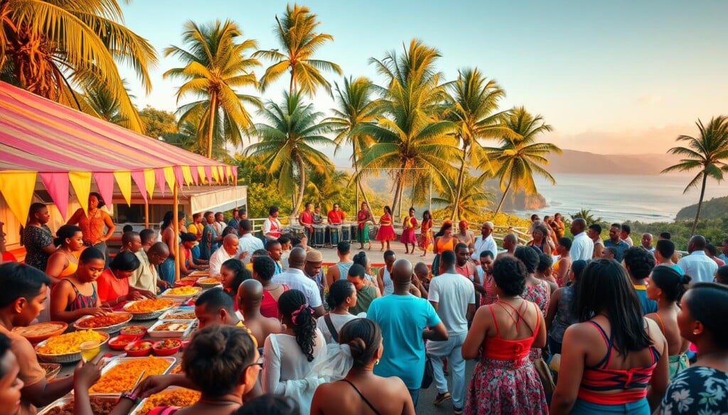 A vibrant celebration of Trinidadian culinary traditions unfolds in a bustling outdoor setting. In the foreground, a lively crowd gathers around an array of colorful food stalls, their hands filled with fragrant dishes like curried chicken, roti, and doubles. The middle ground features a stage where dancers in vibrant costumes perform traditional dances, their movements synchronized to the rhythmic beats of steel drums. In the background, a picturesque tropical landscape provides a stunning backdrop, with palm trees swaying gently in the warm breeze. Warm, golden lighting illuminates the scene, creating a festive and inviting atmosphere that captures the essence of a Trinidadian food celebration.