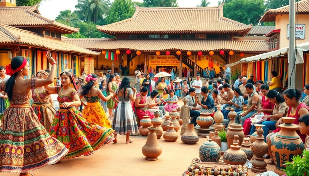 A vibrant celebration of diversity, a mosaic of cultural arts. In the foreground, a dynamic performance showcases traditional dancers from around the world, their costumes and movements a kaleidoscope of colors and rhythms. In the middle ground, artisans craft intricate handmade textiles, pottery, and sculptures, each piece a unique expression of cultural heritage. The background reveals a bustling cultural center, its architecture a harmonious blend of diverse architectural styles, welcoming visitors from all backgrounds. Warm lighting casts a golden glow, creating an atmosphere of inclusion and celebration. The scene conveys the richness and interconnectedness of the world's artistic traditions, a testament to the power of cultural exchange.
