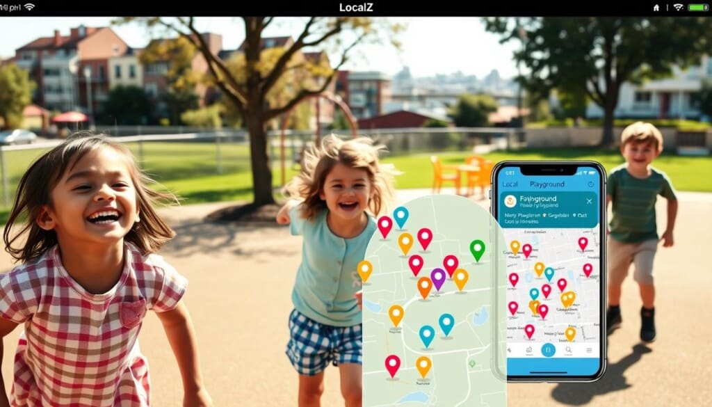 A vibrant, child-friendly interface showcasing the LocalZ app, with a focus on its playground discovery features. In the foreground, a group of diverse children excitedly exploring a well-equipped, sun-dappled playground, their smiles and laughter radiating joy. The middle ground depicts the LocalZ app's intuitive map interface, populated with colorful icons representing nearby playgrounds. The background features a cityscape with residential and commercial buildings, conveying a sense of urban exploration and community. The lighting is natural and warm, creating a welcoming and inviting atmosphere. The overall composition emphasizes the ease and accessibility of using LocalZ to find safe, fun playgrounds for families to enjoy.