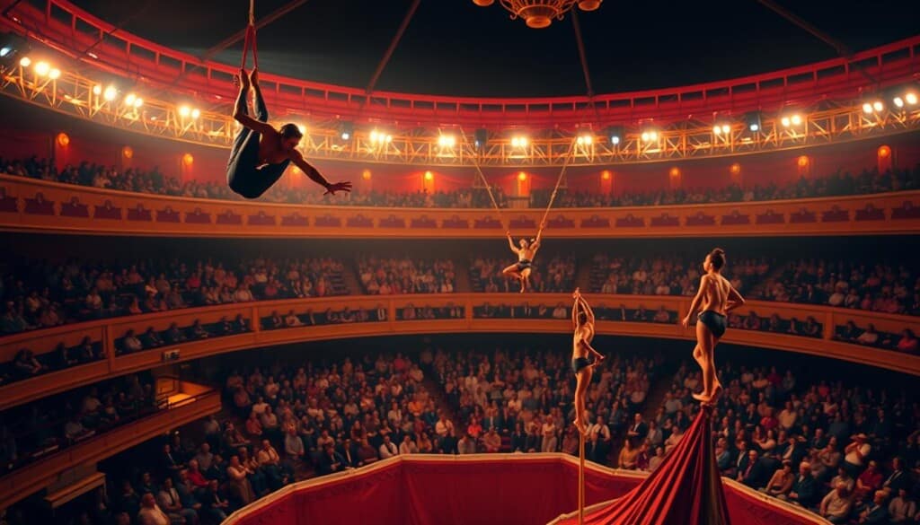 A vibrant circus arena filled with awe-inspiring acrobatic acts. In the foreground, a trapeze artist soars through the air, their body twisting and turning with graceful precision. In the middle ground, a troupe of contortionists bend and twist their limbs in mesmerizing displays of flexibility. The background features a tiered seating area, where spectators watch in rapt attention, the warm lighting casting a golden glow over the entire scene. A sense of energy and excitement permeates the air, capturing the essence of the most renowned circus acts in the United States.