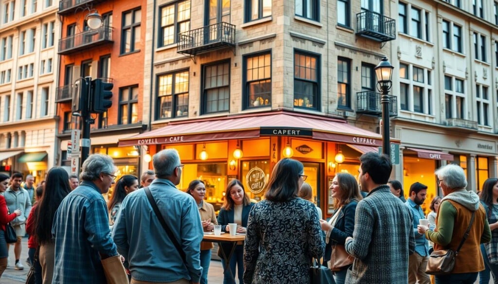A vibrant city intersection bustling with local connections. In the foreground, people of diverse backgrounds interact, gesturing animatedly as they exchange ideas and stories. The middle ground features a cozy cafe, its warm glow spilling onto the sidewalk where neighbors sip coffee and linger. In the background, historic buildings stand tall, their windows reflecting the energy of the community. Soft, golden lighting casts a welcoming atmosphere, while a wide-angle lens captures the interconnectedness of this thriving local hub. An atmosphere of collaboration, creativity, and community pervades the scene.