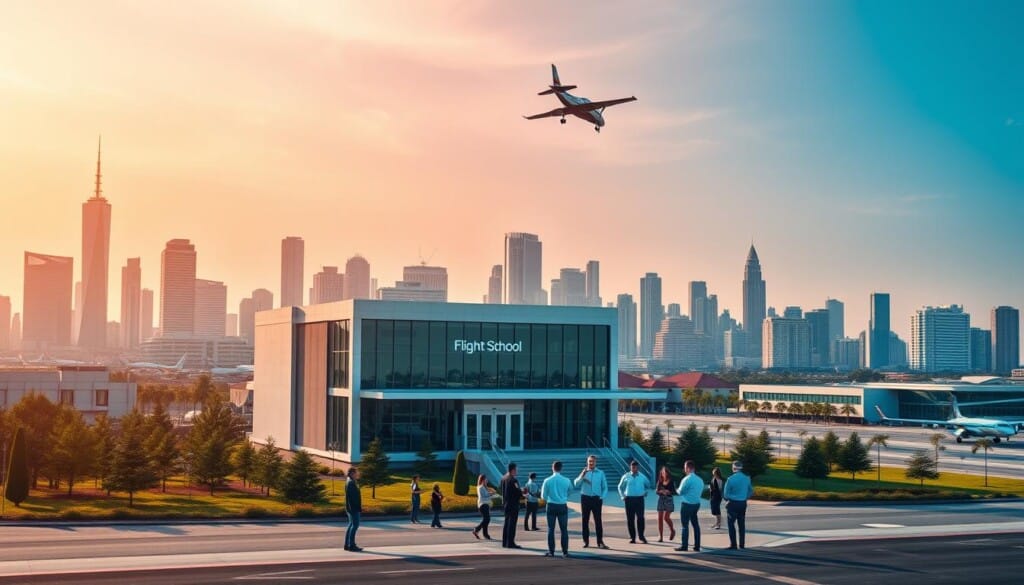A vibrant city skyline with a bustling airport in the foreground, showcasing the diverse range of flight schools available in the LocalZ network. A sleek, modern flight school building stands prominently, surrounded by a neatly landscaped campus. Aspiring pilots gather outside, discussing their training options with friendly instructors. Overhead, a small private plane takes off, casting a dynamic shadow on the scene below. The lighting is warm and inviting, creating a sense of energy and opportunity. The overall composition conveys the idea of LocalZ as a hub for connecting aviation enthusiasts with the best flight training resources in the region.
