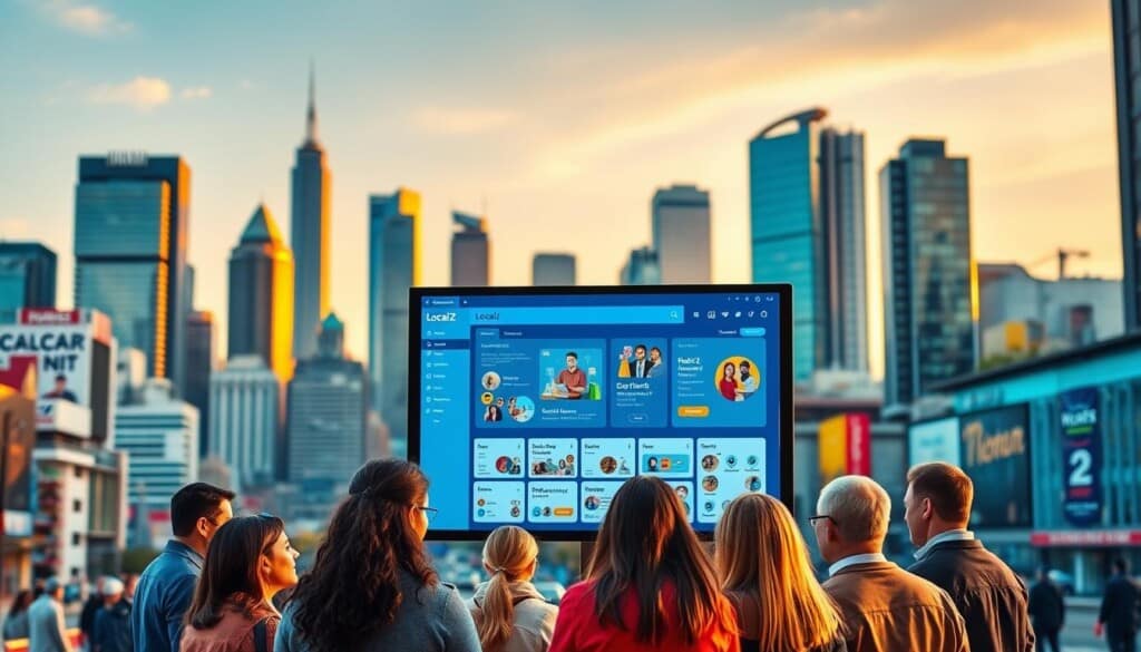 A vibrant city skyline with modern high-rise buildings in the background, a bustling city street in the middle ground, and a group of people interacting with a large digital display in the foreground. The display shows a user interface for the LocalZ platform, highlighting its ability to connect businesses and communities. The scene is bathed in warm, golden lighting, creating a welcoming and collaborative atmosphere. The people in the foreground are a diverse group, representing different ages, ethnicities, and professions, emphasizing the platform's inclusivity and ability to bring diverse stakeholders together.