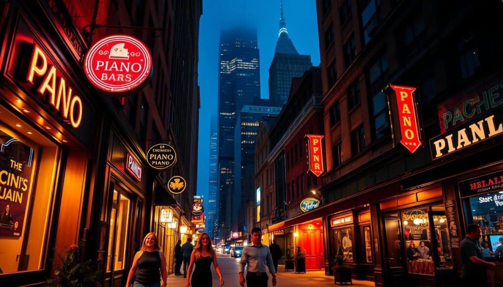 A vibrant city street at night, with neon-lit signs illuminating the doorways of cozy piano bars. The warm, golden glow from the windows invites passersby to step inside and enjoy live music and cocktails. In the foreground, a group of friends stroll along the sidewalk, their laughter and chatter mingling with the soft notes of a piano drifting out onto the street. The middle ground features a variety of piano bar facades, each with its own unique character and style, while the background is filled with the twinkling lights of skyscrapers and the hazy silhouettes of city landmarks. The overall atmosphere is one of urban sophistication, where the sounds of jazz and the clink of glasses create a captivating ambiance.