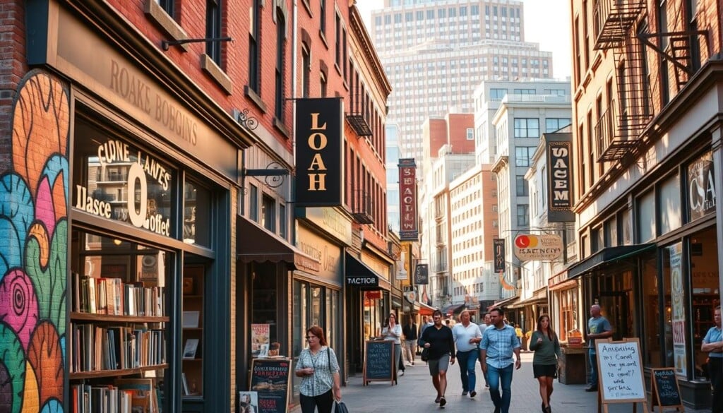 A vibrant city street, bustling with local shops and businesses. In the foreground, a colorful mural adorns the side of a quaint bookstore, its windows showcasing a diverse selection of books. In the middle ground, people stroll along the sidewalk, pausing to admire the handcrafted goods and artisanal wares displayed in the windows of independent cafes, boutiques, and specialty stores. The background features a mix of historic buildings and modern architecture, all bathed in warm, golden sunlight that casts a cozy, inviting atmosphere. The scene celebrates the unique character and community spirit of supporting local businesses, creating a sense of pride and connection within the neighborhood.