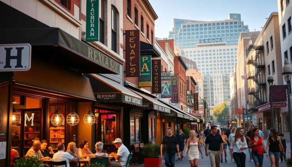 A vibrant city street filled with a diverse array of local restaurants, each with its own unique signage, awnings, and architectural details. In the foreground, a group of people dining al fresco at a cozy Mexican eatery, enjoying the lively atmosphere. The middle ground features passersby strolling along the sidewalk, peering into the windows of inviting establishments. In the background, a mix of modern and historic buildings create a charming, neighborhood ambiance, bathed in warm, golden afternoon light. The overall scene conveys a sense of discovery, exploration, and the joy of finding authentic, local culinary experiences.